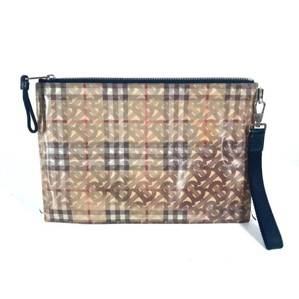 BURBERRY Logo Check TB pouch bag with strap Clutch bag Nylon Beige/Black - Picture 2 of 15